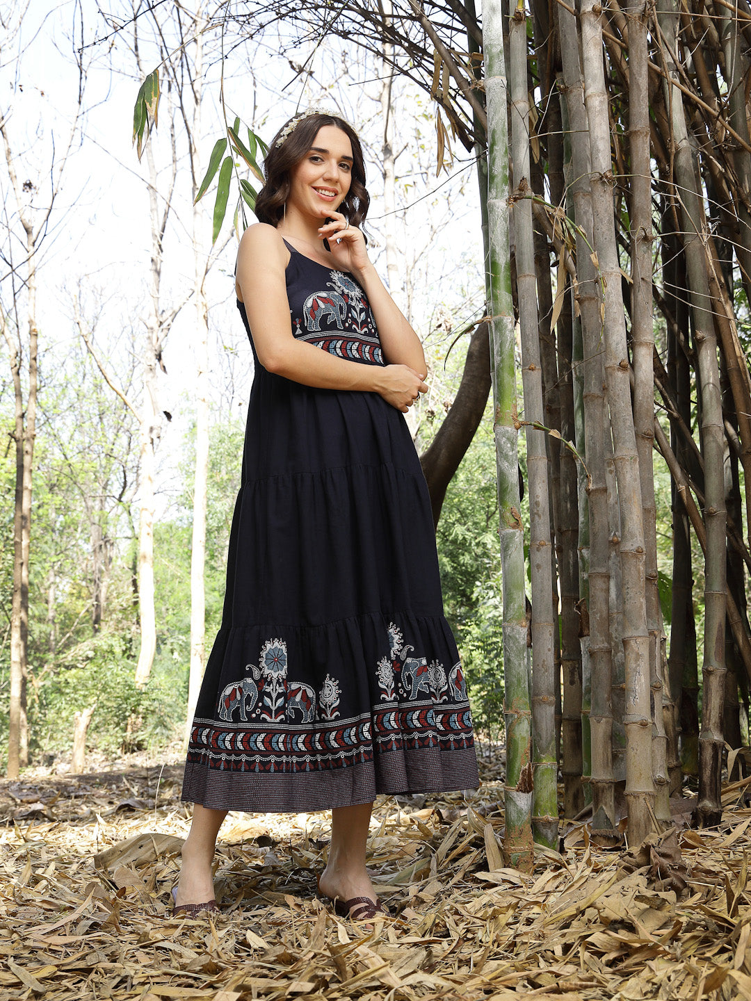 Women's Blue Ethnic Printed Cotton Flax Tiered Dress (DRSBLUEBAMBU) | 