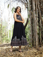 Stylum Women's Blue Ethnic Printed Cotton Flax Tiered Dress (DRSBLUEBAMBU)