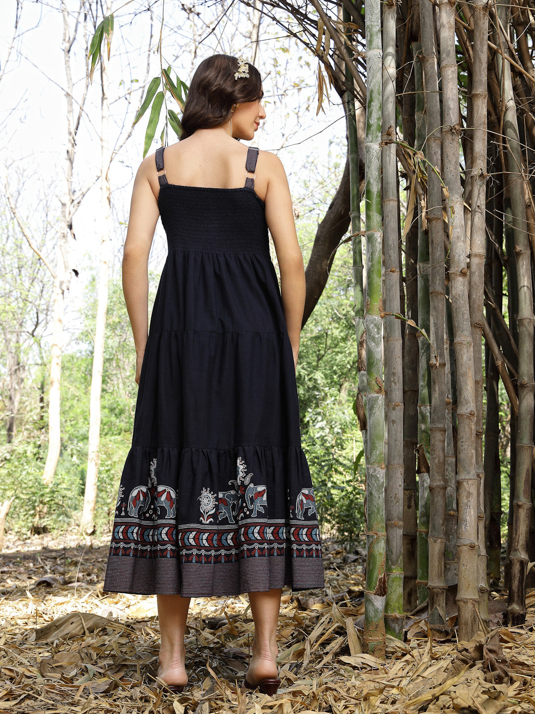 Women's Blue Ethnic Printed Cotton Flax Tiered Dress (DRSBLUEBAMBU) | 