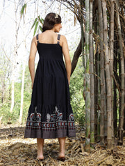 Stylum Women's Blue Ethnic Printed Cotton Flax Tiered Dress (DRSBLUEBAMBU)