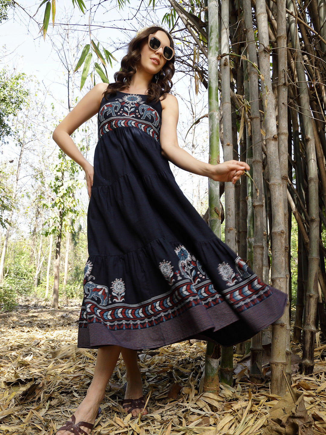 Women's Blue Ethnic Printed Cotton Flax Tiered Dress (DRSBLUEBAMBU) | 