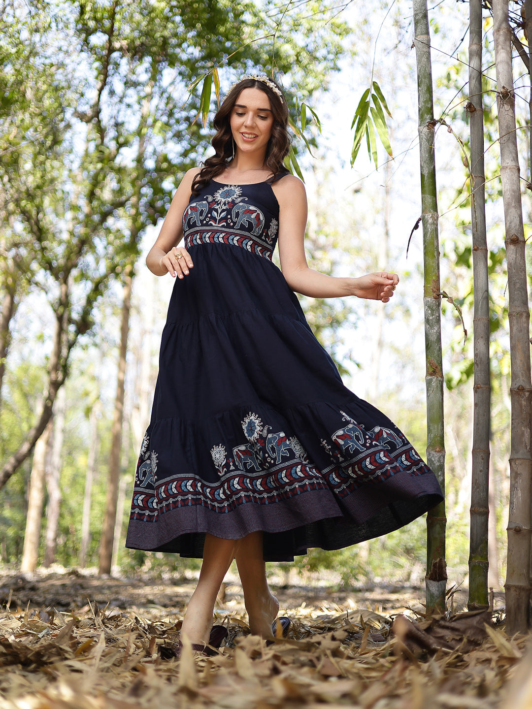 Women's Blue Ethnic Printed Cotton Flax Tiered Dress (DRSBLUEBAMBU) | 
