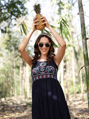 Stylum Women's Blue Ethnic Printed Cotton Flax Tiered Dress (DRSBLUEBAMBU)