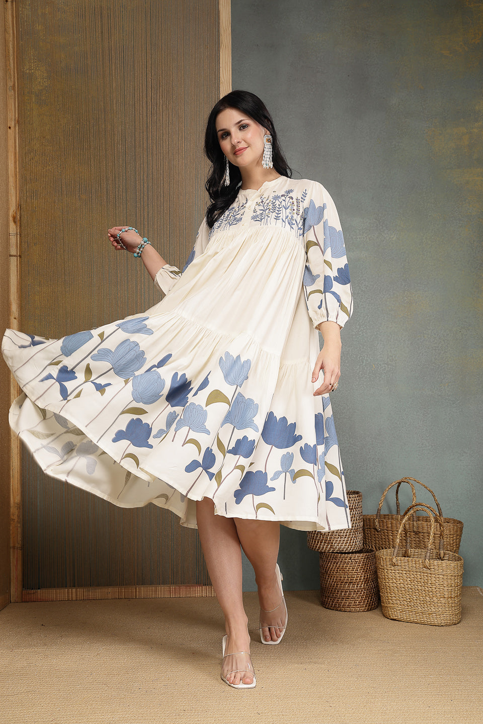 Women's Blue Floral Printed & Embroidered Cotton Tiered Dress (DRSBLUE