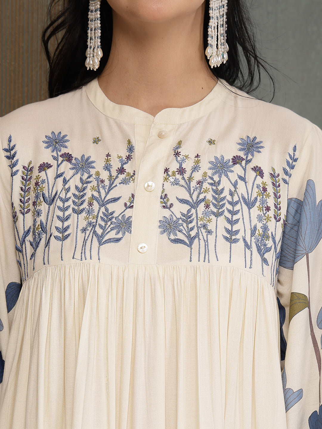 Women's Blue Floral Printed & Embroidered Cotton Tiered Dress (DRSBLUE