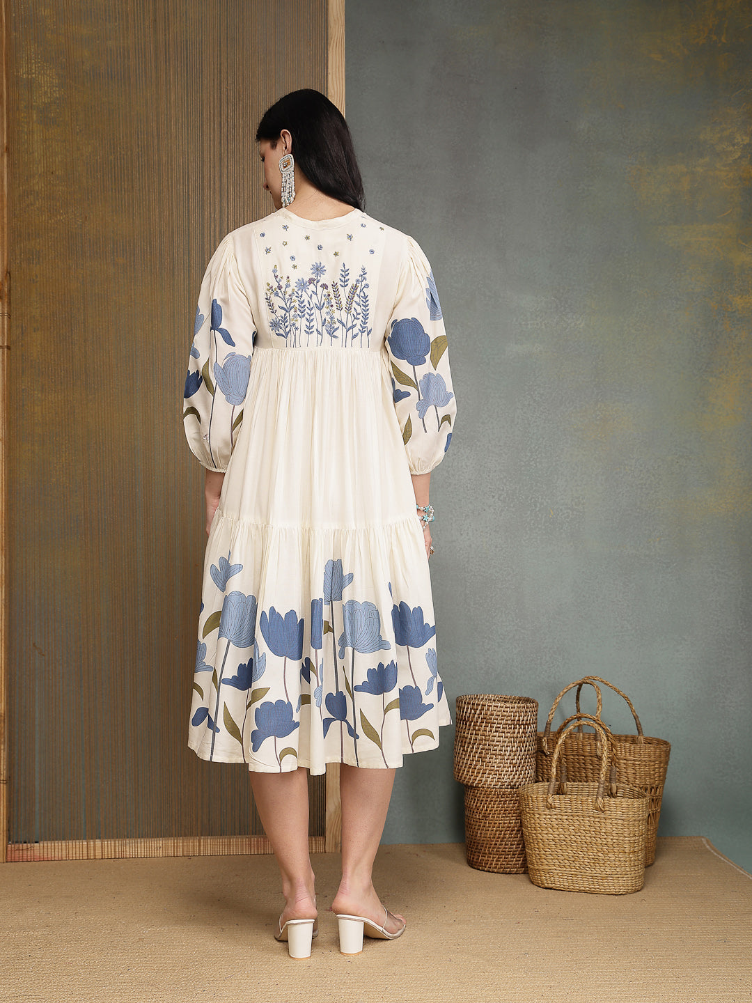 Women's Blue Floral Printed & Embroidered Cotton Tiered Dress (DRSBLUE