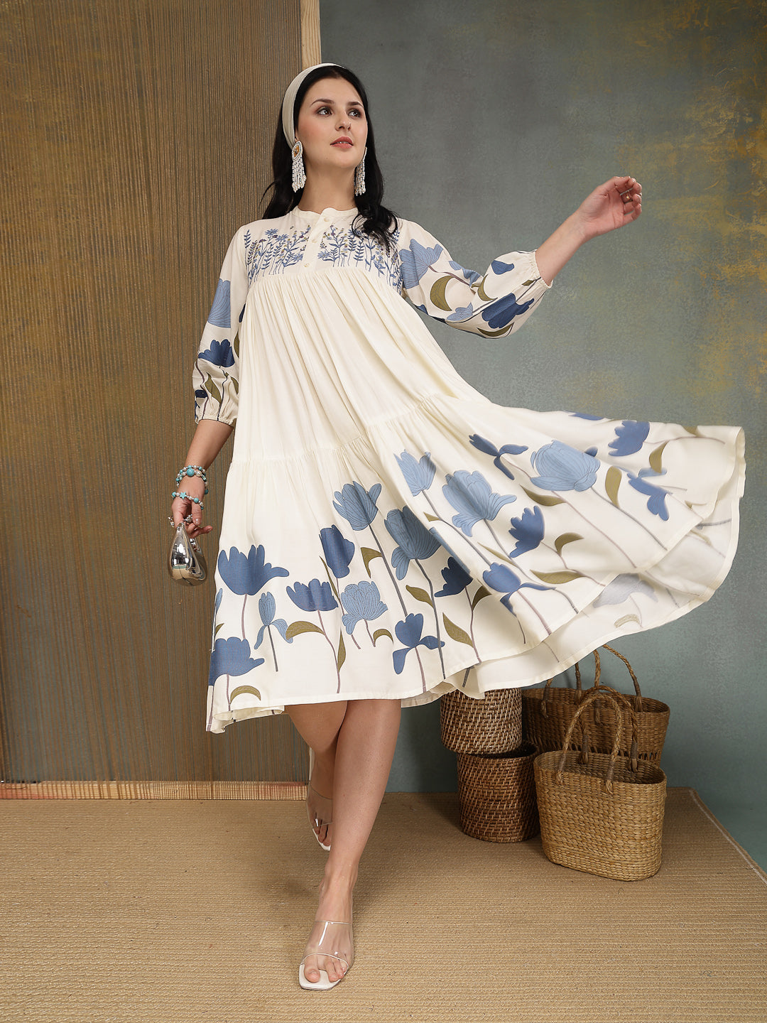 Women's Blue Floral Printed & Embroidered Cotton Tiered Dress (DRSBLUE