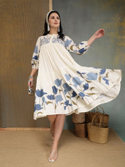 Stylum Women's Blue Floral Printed & Embroidered Cotton Tiered Dress (DRSBLUEDARIYA)