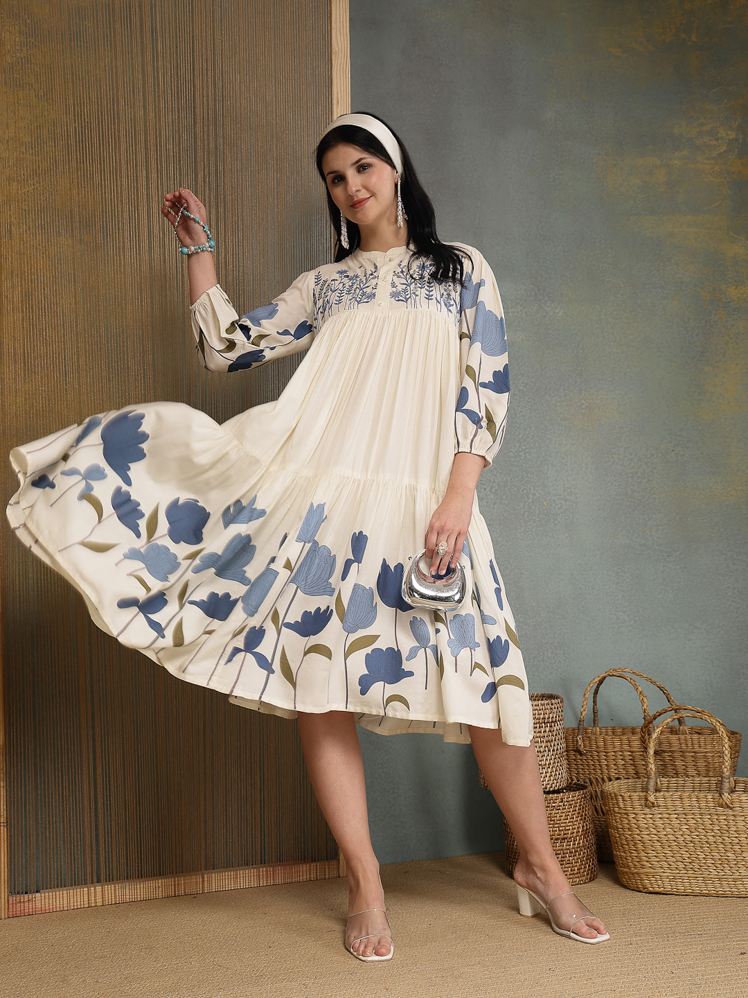 Women's Blue Floral Printed & Embroidered Cotton Tiered Dress (DRSBLUE