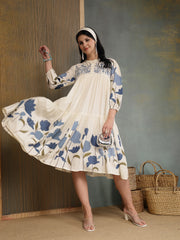 Stylum Women's Blue Floral Printed & Embroidered Cotton Tiered Dress (DRSBLUEDARIYA)