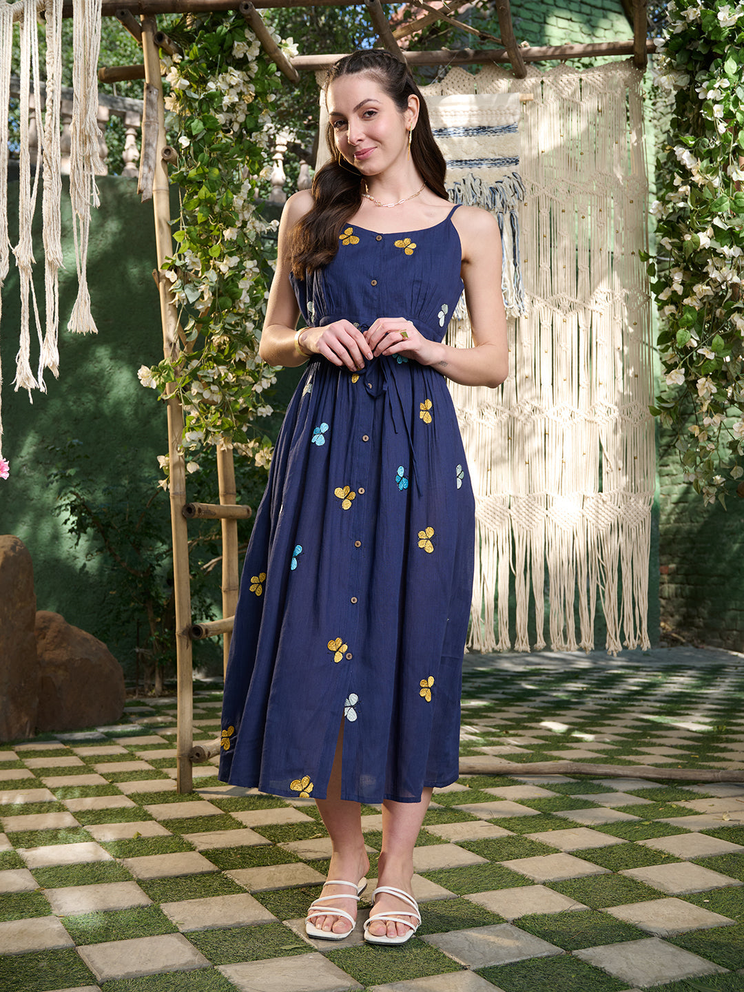 Women's Blue Embroidered Cotton A-Line Dress (DRSBLUEDILLI) | DesiQlo