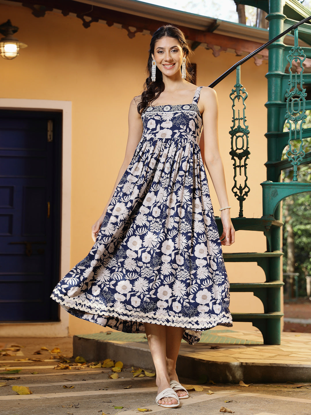 Women's Blue Floral Printed Rayon Dress (DRSBLUEFLOW) | DesiQlo