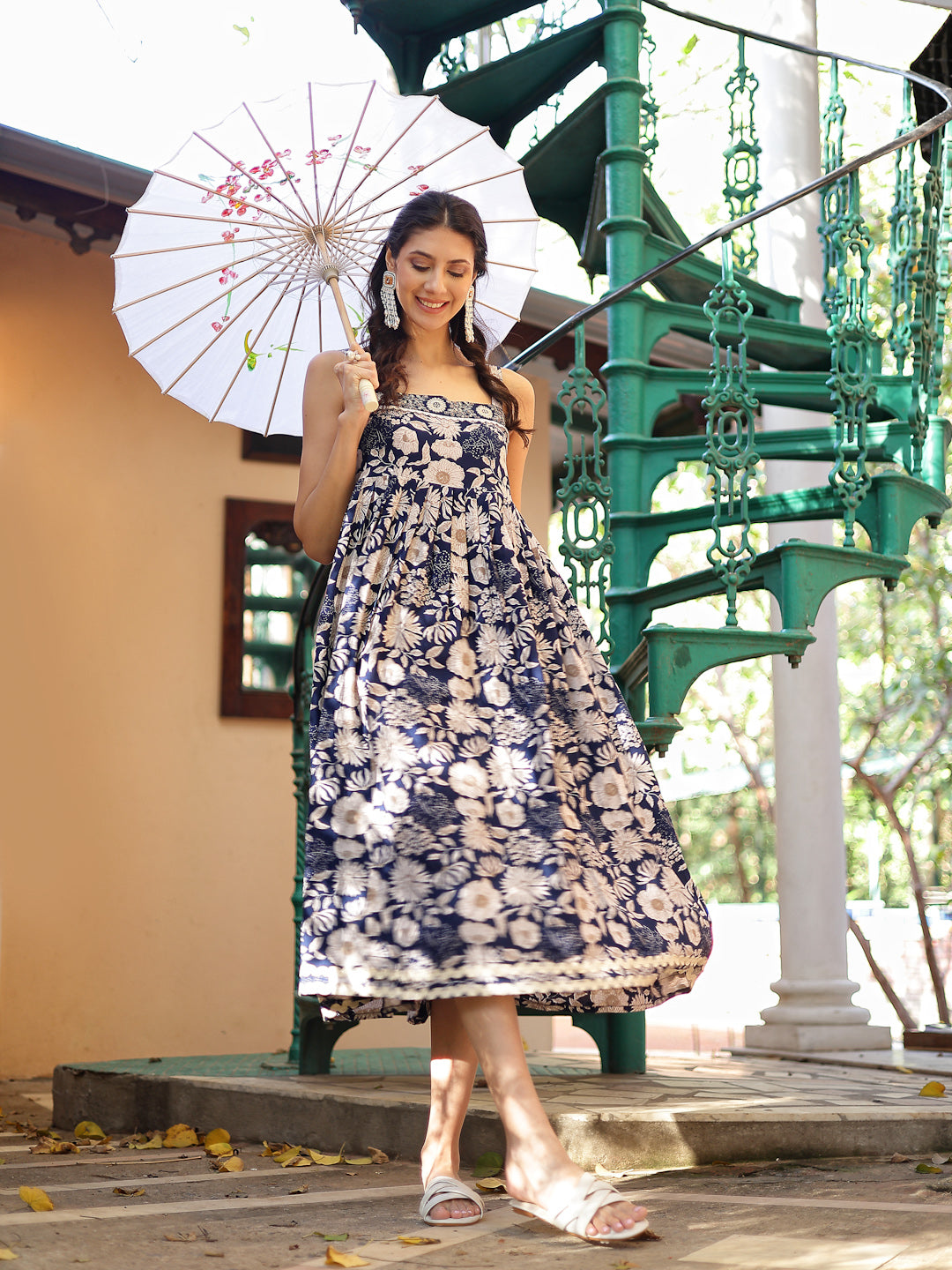 Women's Blue Floral Printed Rayon Dress (DRSBLUEFLOW) | DesiQlo