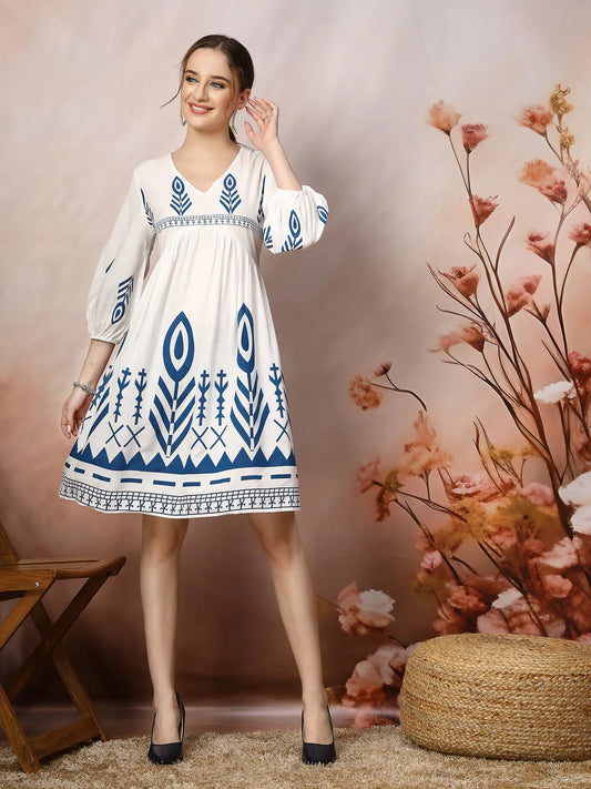 Women's Printed Rayon Flared dress-DRSBLUEGRACE 1080