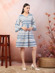 Women's Printed Rayon Tiered dress-DRSBLUEHANNAH