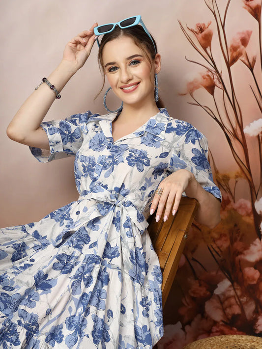 Women's Floral Printed Cotton Flared Dress-DRSBLUEKINNU 1080