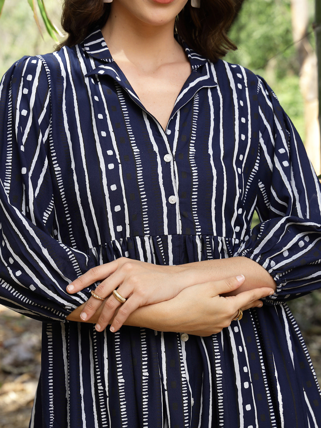 Women's Blue Striped Khari Printed Rayon Dress (DRSBLUELAMPI) | DesiQl