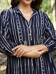 Stylum Women's Blue Striped Khari Printed Rayon Dress (DRSBLUELAMPI)