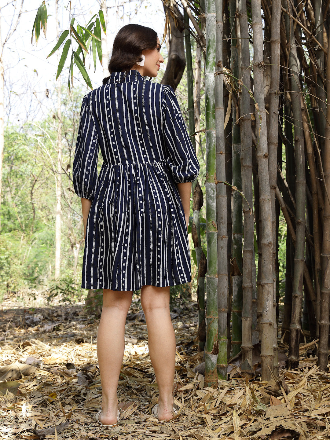 Women's Blue Striped Khari Printed Rayon Dress (DRSBLUELAMPI) | DesiQl