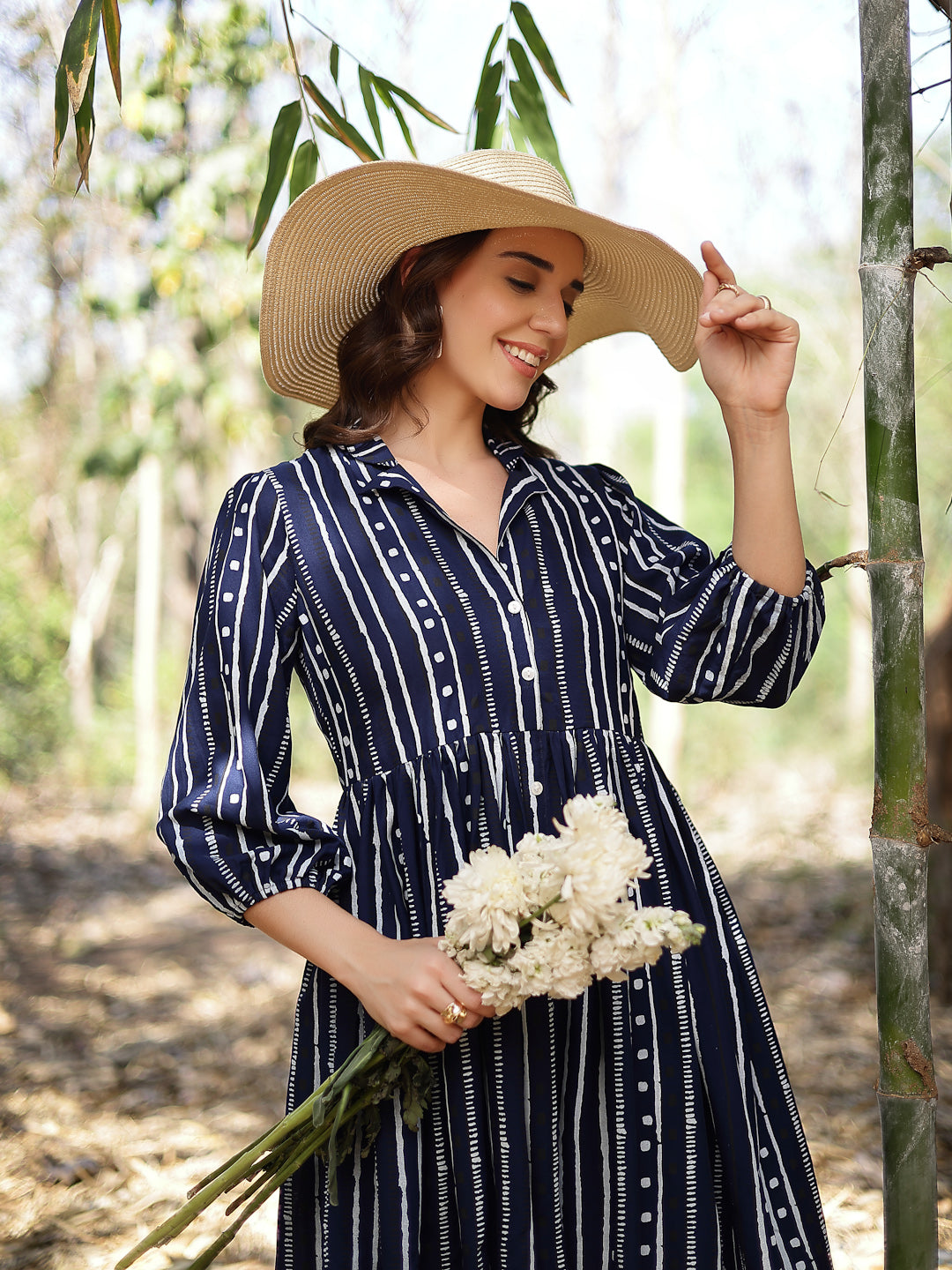 Women's Blue Striped Khari Printed Rayon Dress (DRSBLUELAMPI) | DesiQl