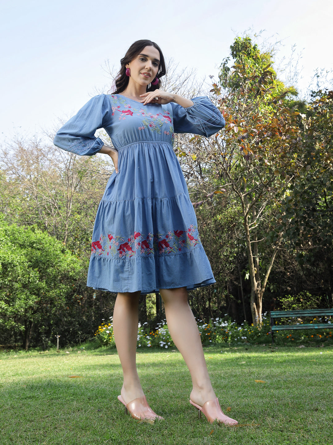 Women's Blue Solid & Embroidered Cotton Tiered Dress (DRSBLUELEETA) | 