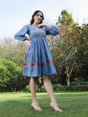 Stylum Women's Blue Solid & Embroidered Cotton Tiered Dress (DRSBLUELEETA)