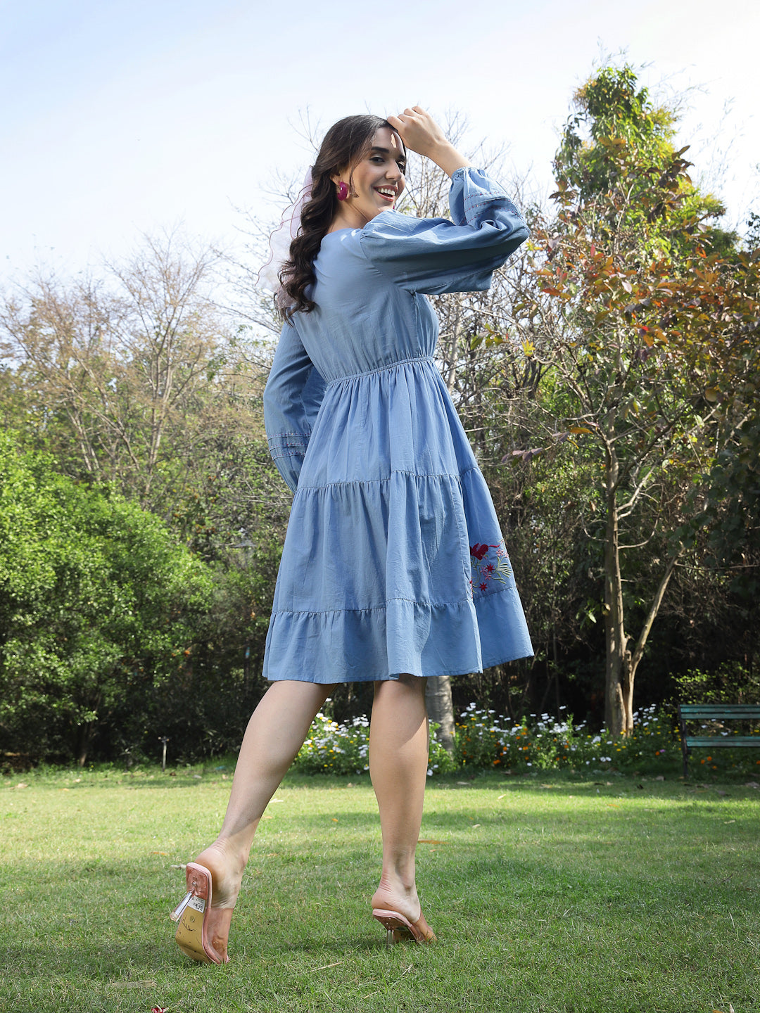 Women's Blue Solid & Embroidered Cotton Tiered Dress (DRSBLUELEETA) | 