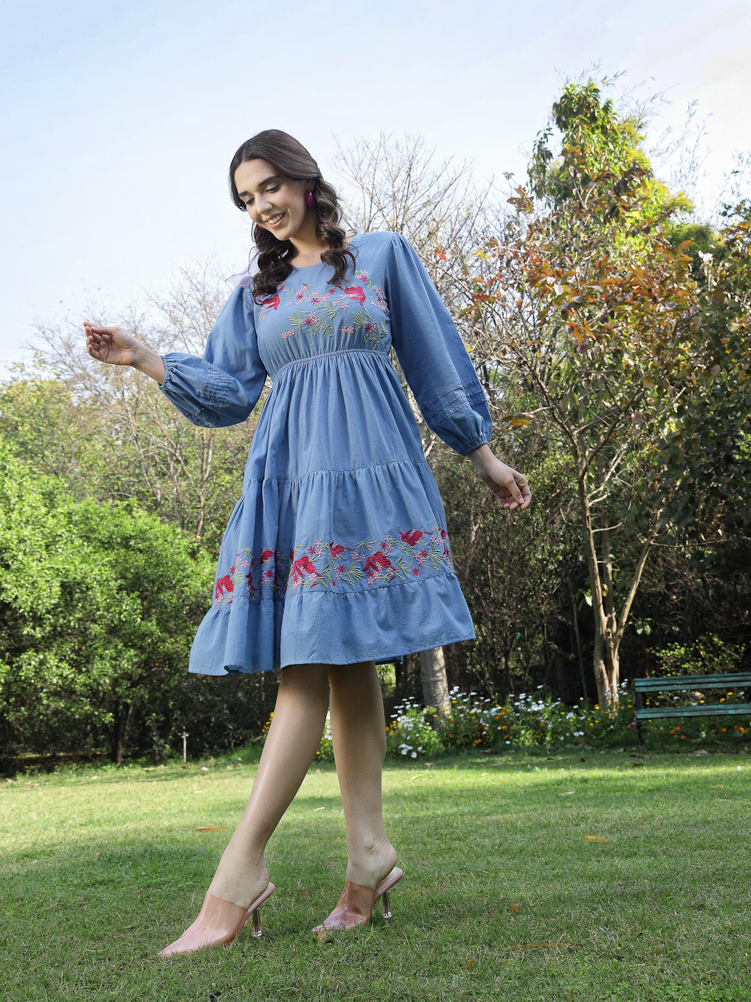 Women's Blue Solid & Embroidered Cotton Tiered Dress (DRSBLUELEETA) | 