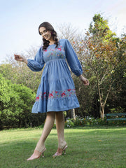Stylum Women's Blue Solid & Embroidered Cotton Tiered Dress (DRSBLUELEETA)