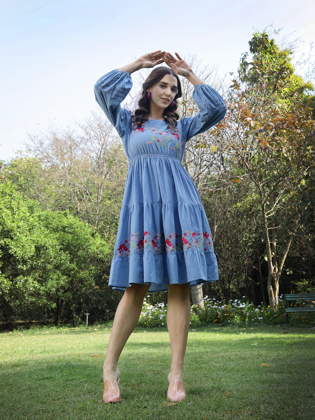 Women's Blue Solid & Embroidered Cotton Tiered Dress (DRSBLUELEETA) | 