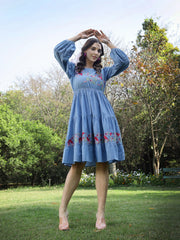 Stylum Women's Blue Solid & Embroidered Cotton Tiered Dress (DRSBLUELEETA)