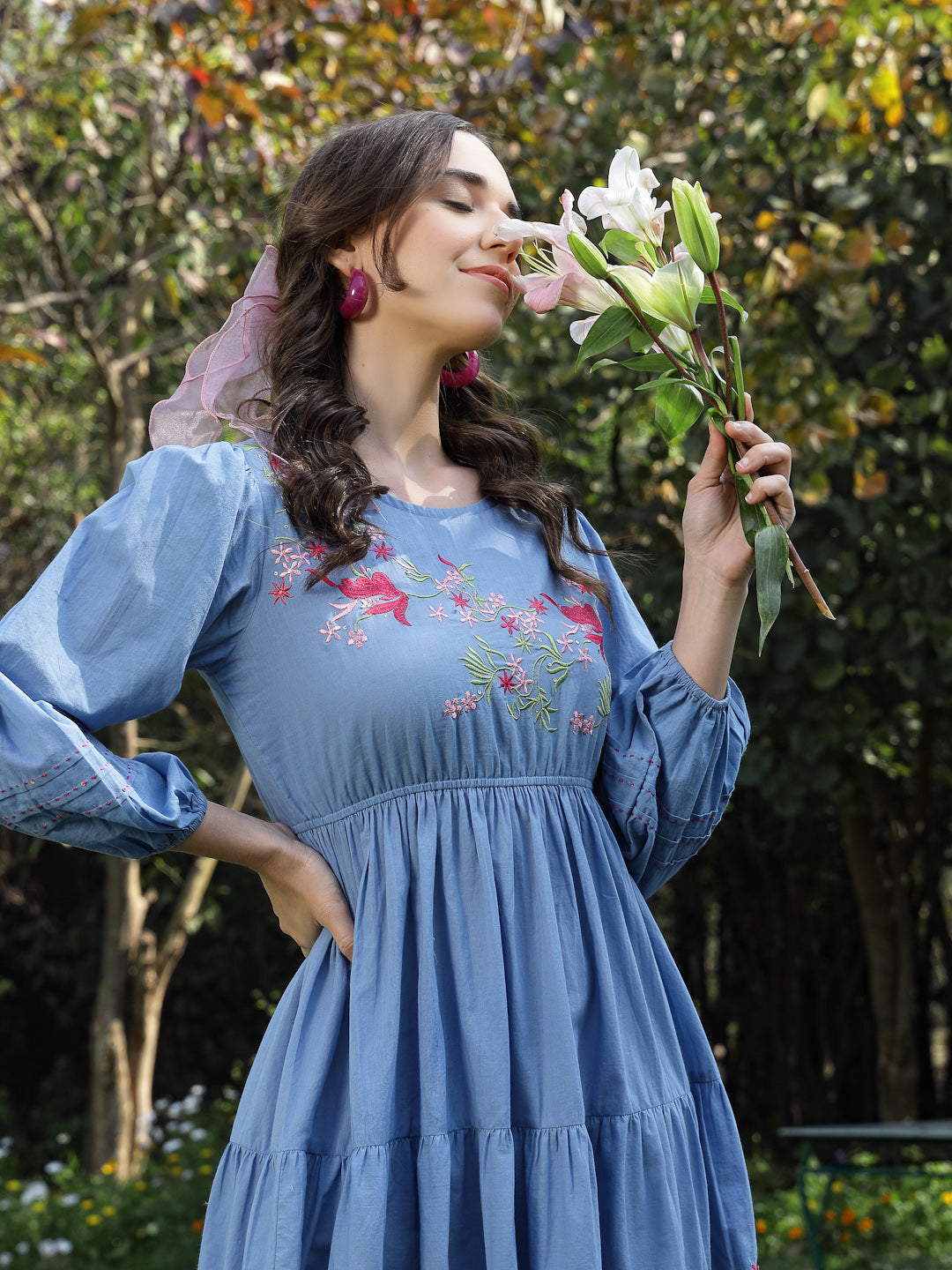 Women's Blue Solid & Embroidered Cotton Tiered Dress (DRSBLUELEETA) | 