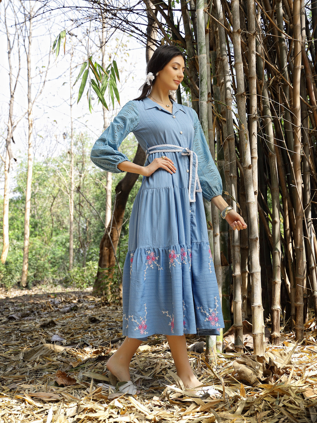 Women's Blue Solid & Embroidered Rayon Flared Dress (DRSBLUELUCK) | De