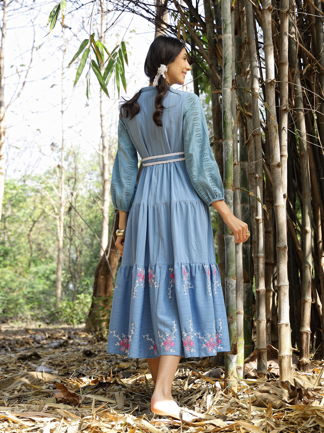 Women's Blue Solid & Embroidered Rayon Flared Dress (DRSBLUELUCK) | De