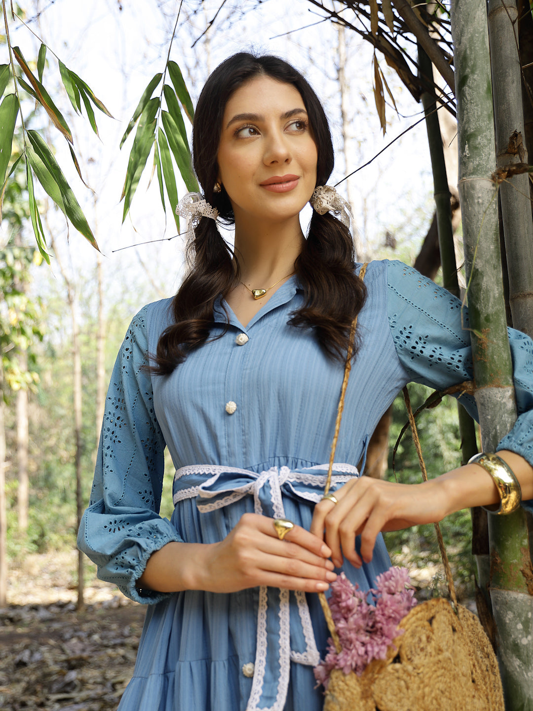 Women's Blue Solid & Embroidered Rayon Flared Dress (DRSBLUELUCK) | De