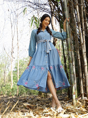 Stylum Women's Blue Solid & Embroidered Rayon Flared Dress (DRSBLUELUCK)