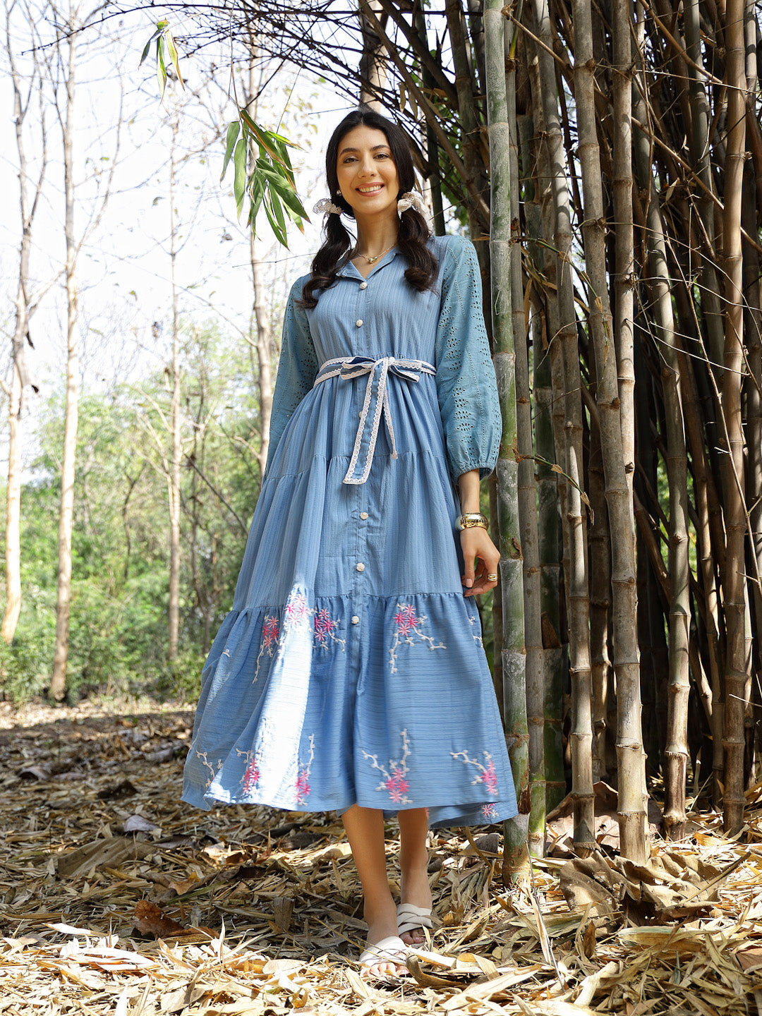 Women's Blue Solid & Embroidered Rayon Flared Dress (DRSBLUELUCK) | De