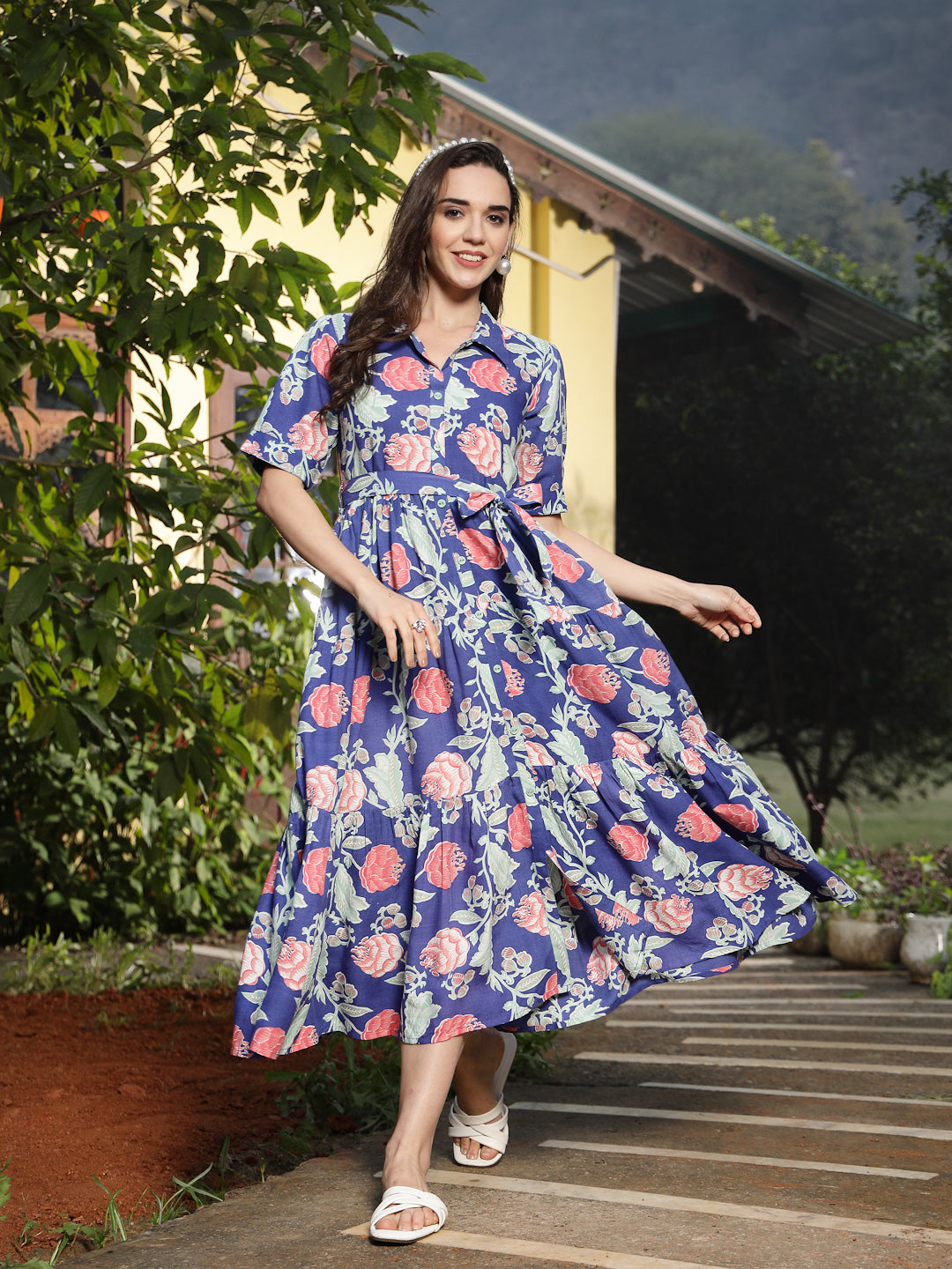 Women's Blue Floral Printed Rayon Tiered Dress (DRSBLUERENEE) | DesiQl