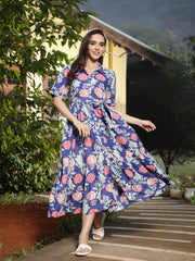 Stylum Women's Blue Floral Printed Rayon Tiered Dress (DRSBLUERENEE)