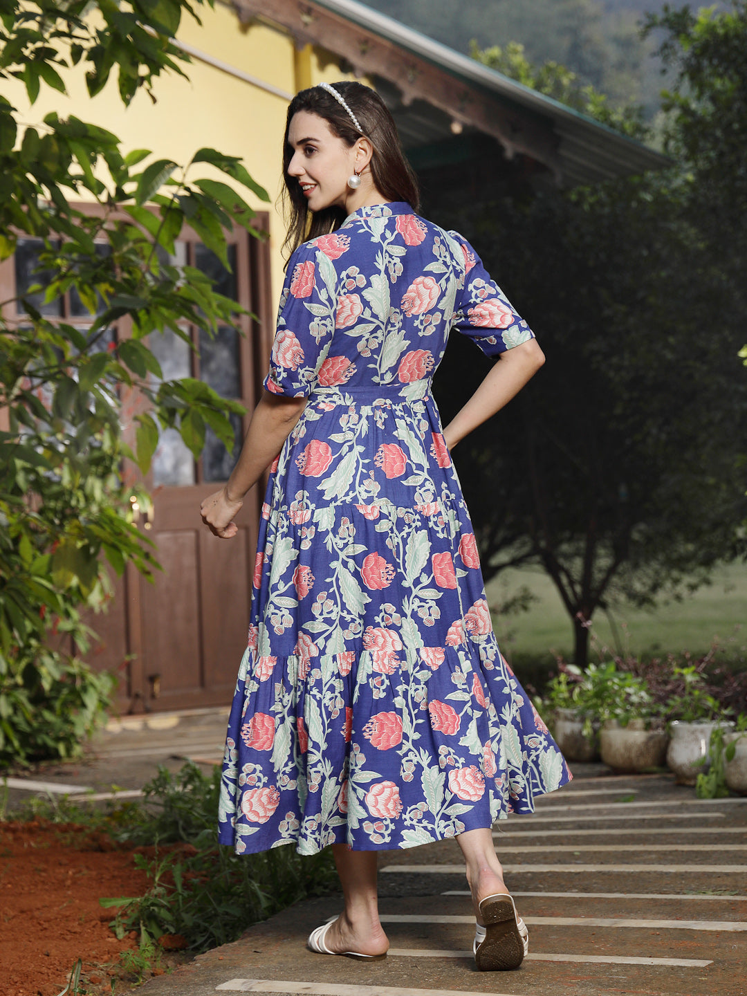 Women's Blue Floral Printed Rayon Tiered Dress (DRSBLUERENEE) | DesiQl