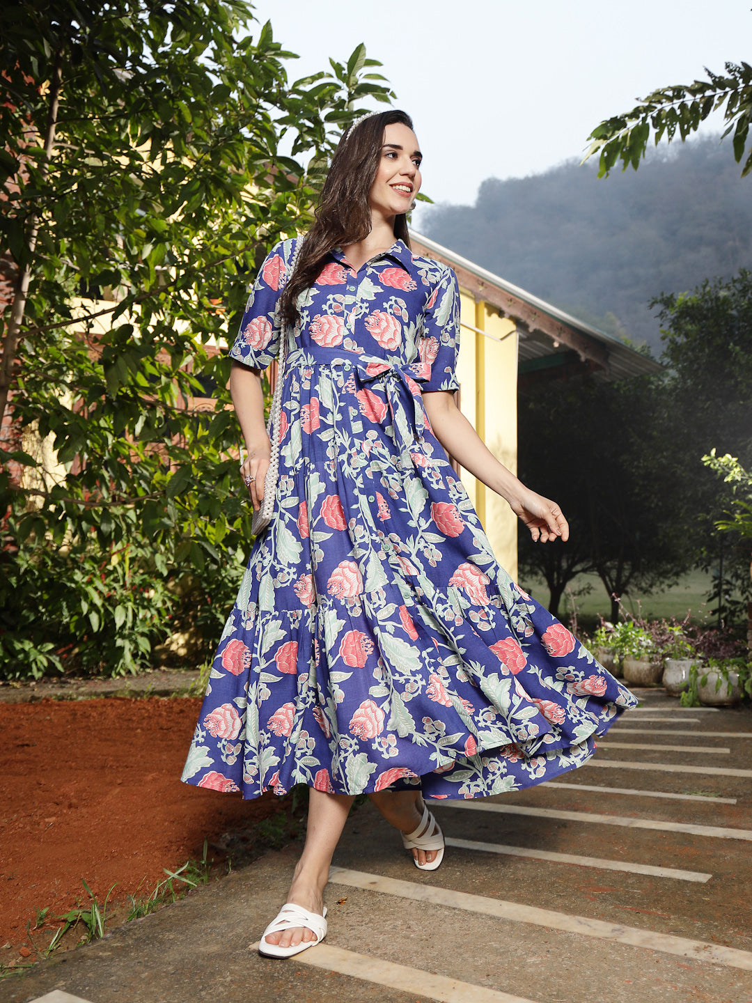 Women's Blue Floral Printed Rayon Tiered Dress (DRSBLUERENEE) | DesiQl