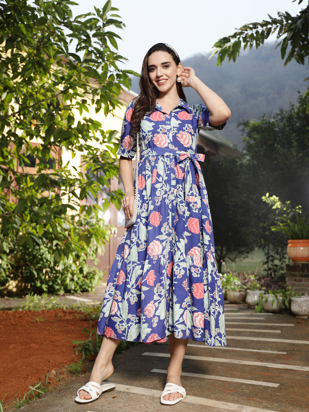 Women's Blue Floral Printed Rayon Tiered Dress (DRSBLUERENEE) | DesiQl