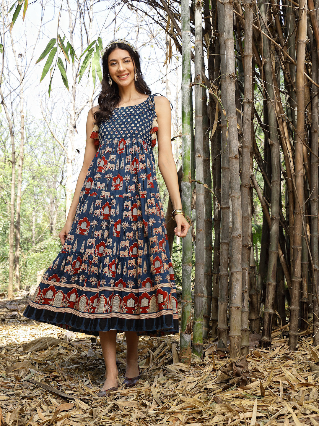 Women's Blue Ethnic Printed Cotton Tiered Dress (DRSBLUETAMPER) | Desi