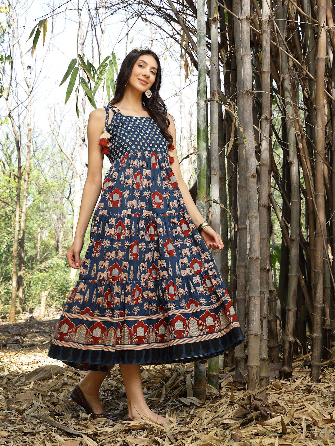 Women's Blue Ethnic Printed Cotton Tiered Dress (DRSBLUETAMPER) | Desi