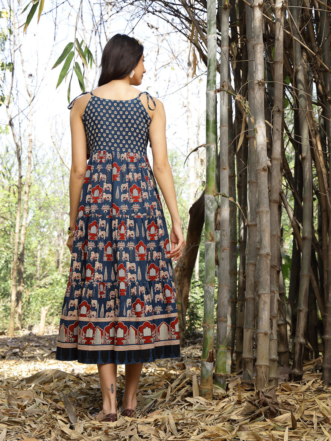 Women's Blue Ethnic Printed Cotton Tiered Dress (DRSBLUETAMPER) | Desi