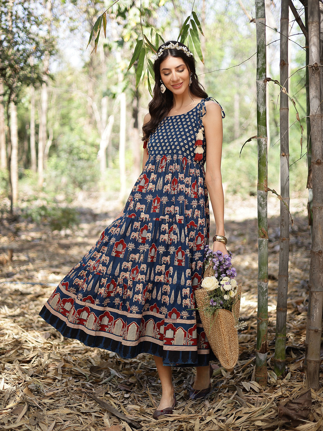 Women's Blue Ethnic Printed Cotton Tiered Dress (DRSBLUETAMPER) | Desi