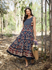 Stylum Women's Blue Ethnic Printed Cotton Tiered Dress (DRSBLUETAMPER)