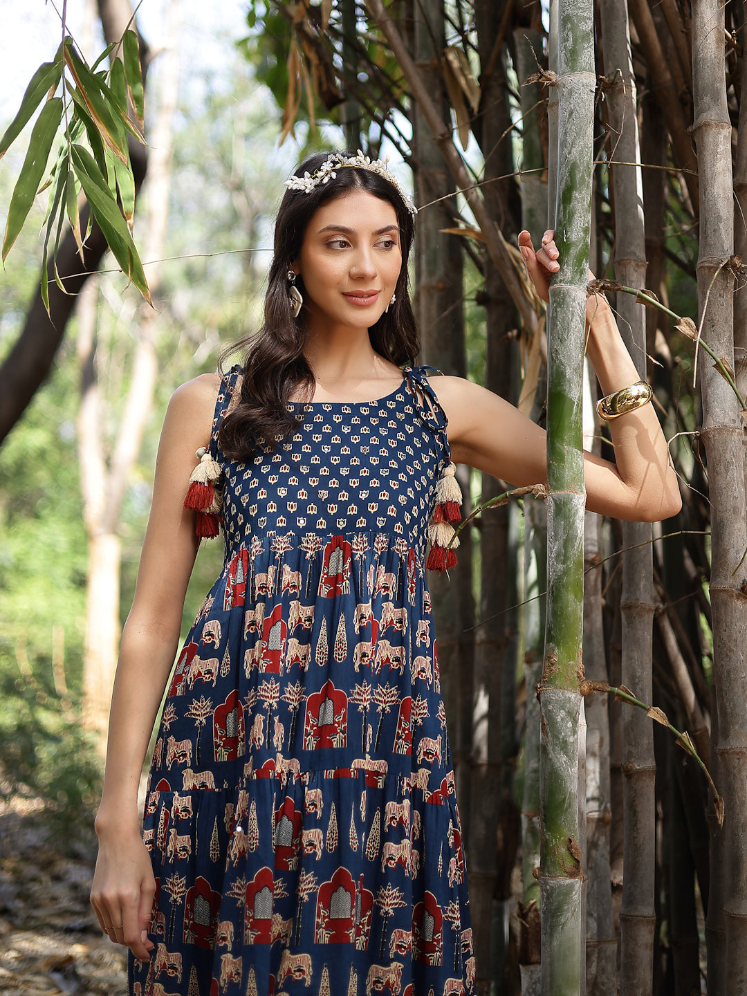 Women's Blue Ethnic Printed Cotton Tiered Dress (DRSBLUETAMPER) | Desi