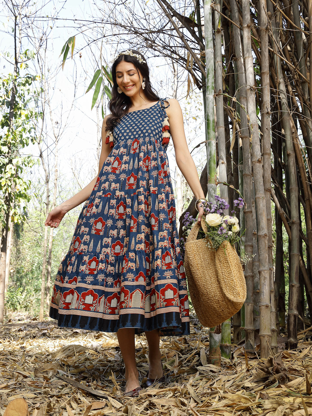 Women's Blue Ethnic Printed Cotton Tiered Dress (DRSBLUETAMPER) | Desi