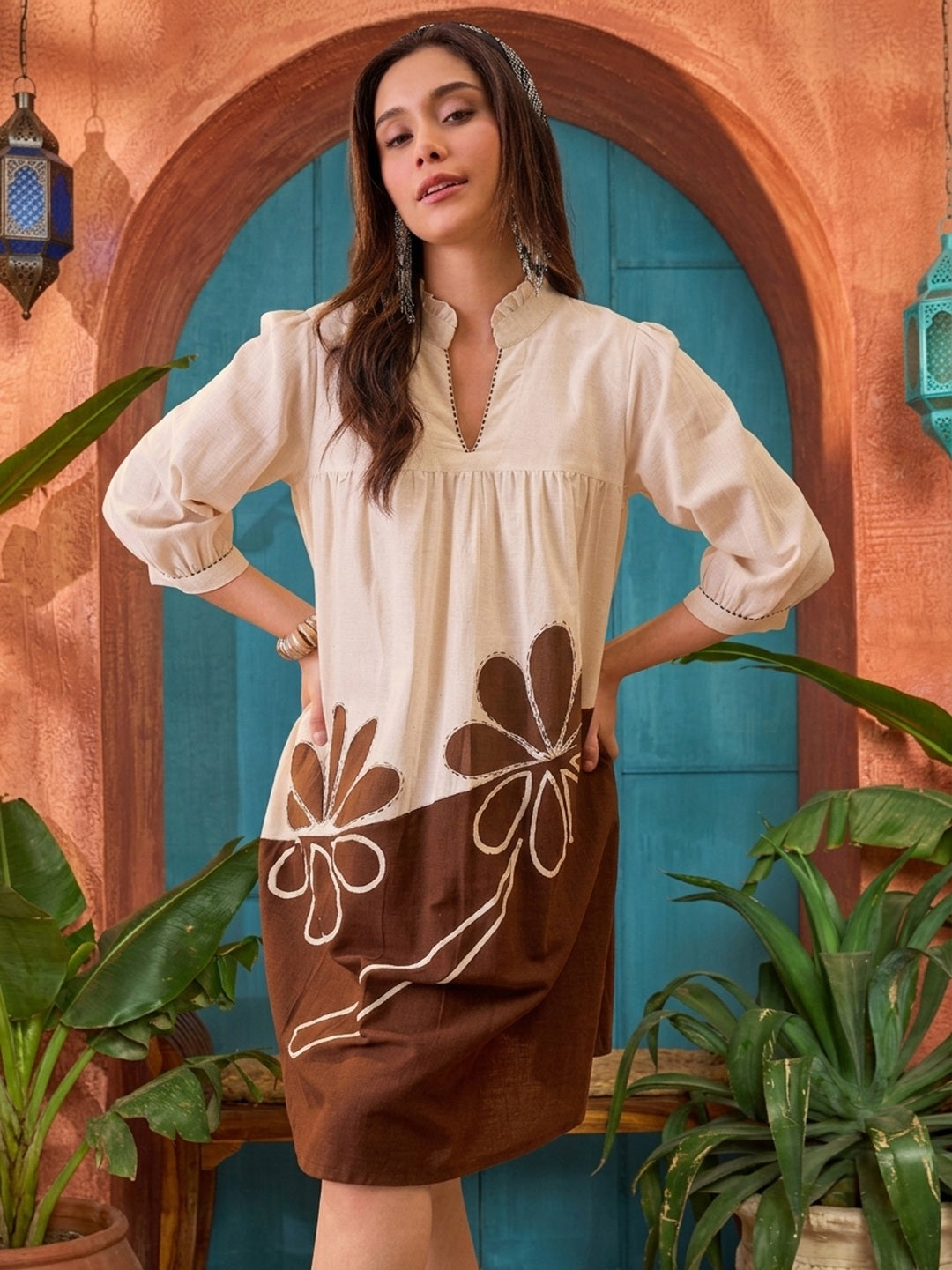 Women's Brown Solid Cotton A-Line Dress (DRSBROWNBONY) | DesiQlo